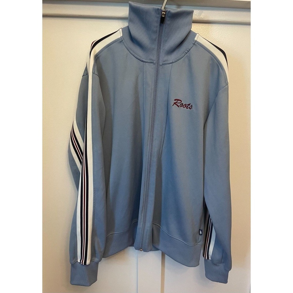 ROOTS Striped Track Jacket Full Zip Up Men's Large Blue Maroon Y2K Sporty Light